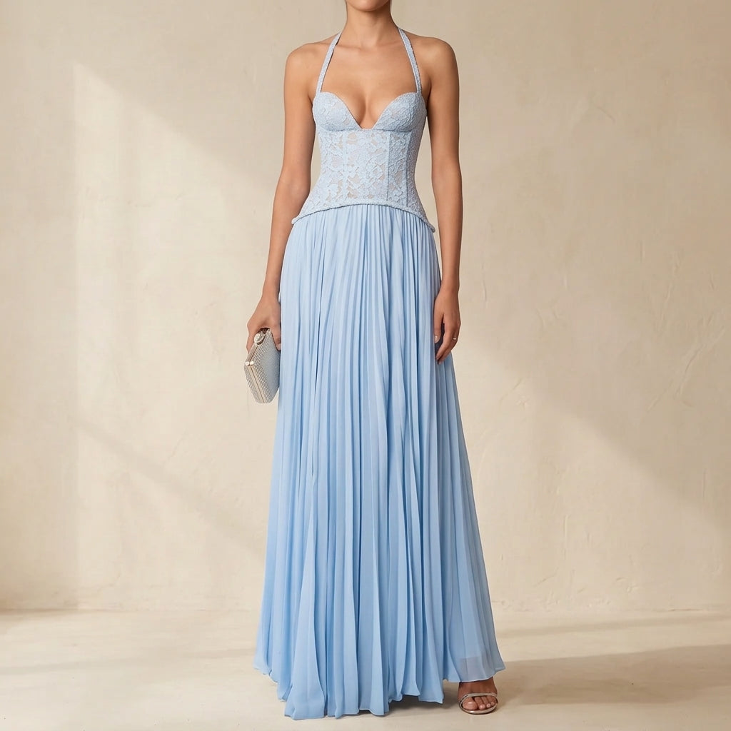 Evelina Pleated Halter Maxi Dress