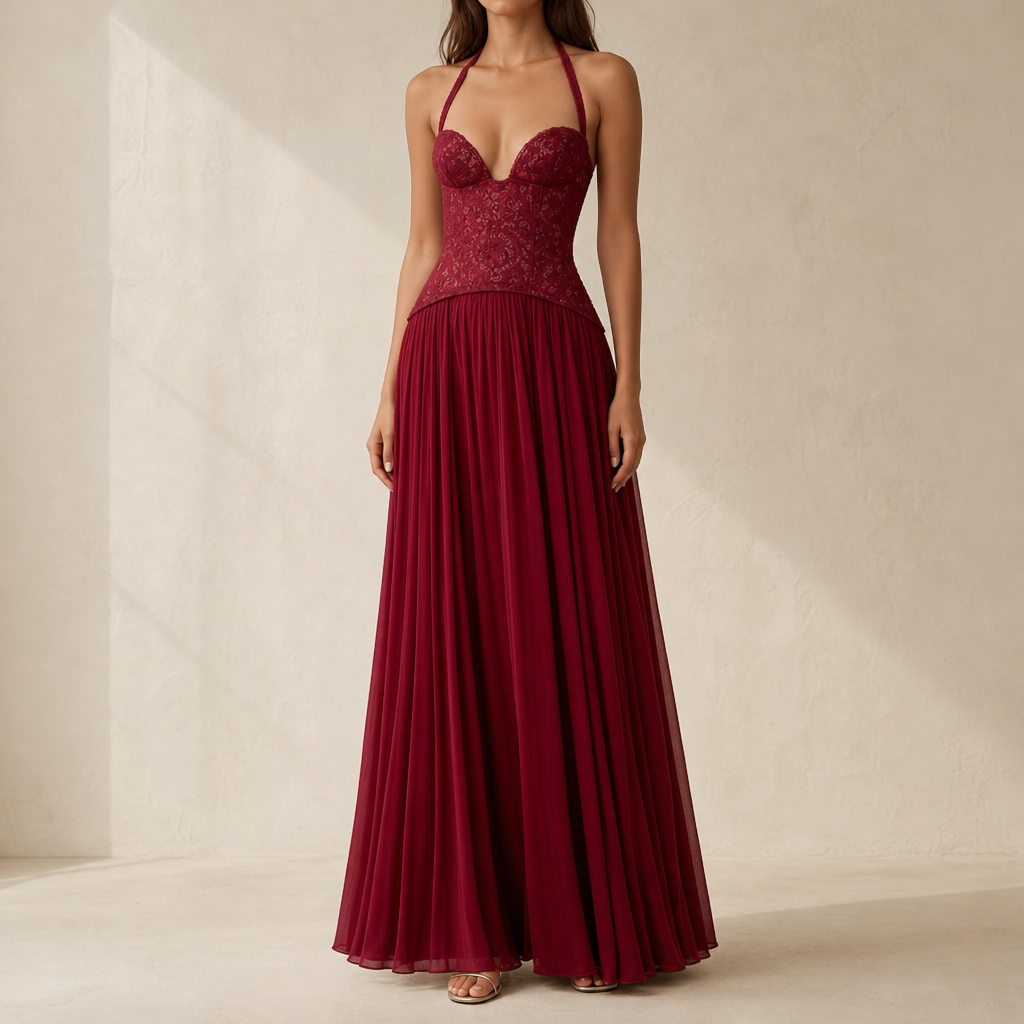Evelina Pleated Halter Maxi Dress